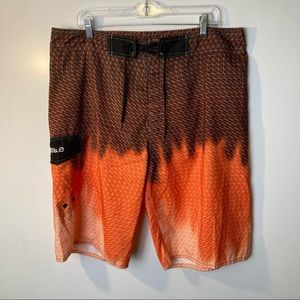 Nonwe Polyester Board Shorts, Orange and Brown Diamond Pattern, Size 36